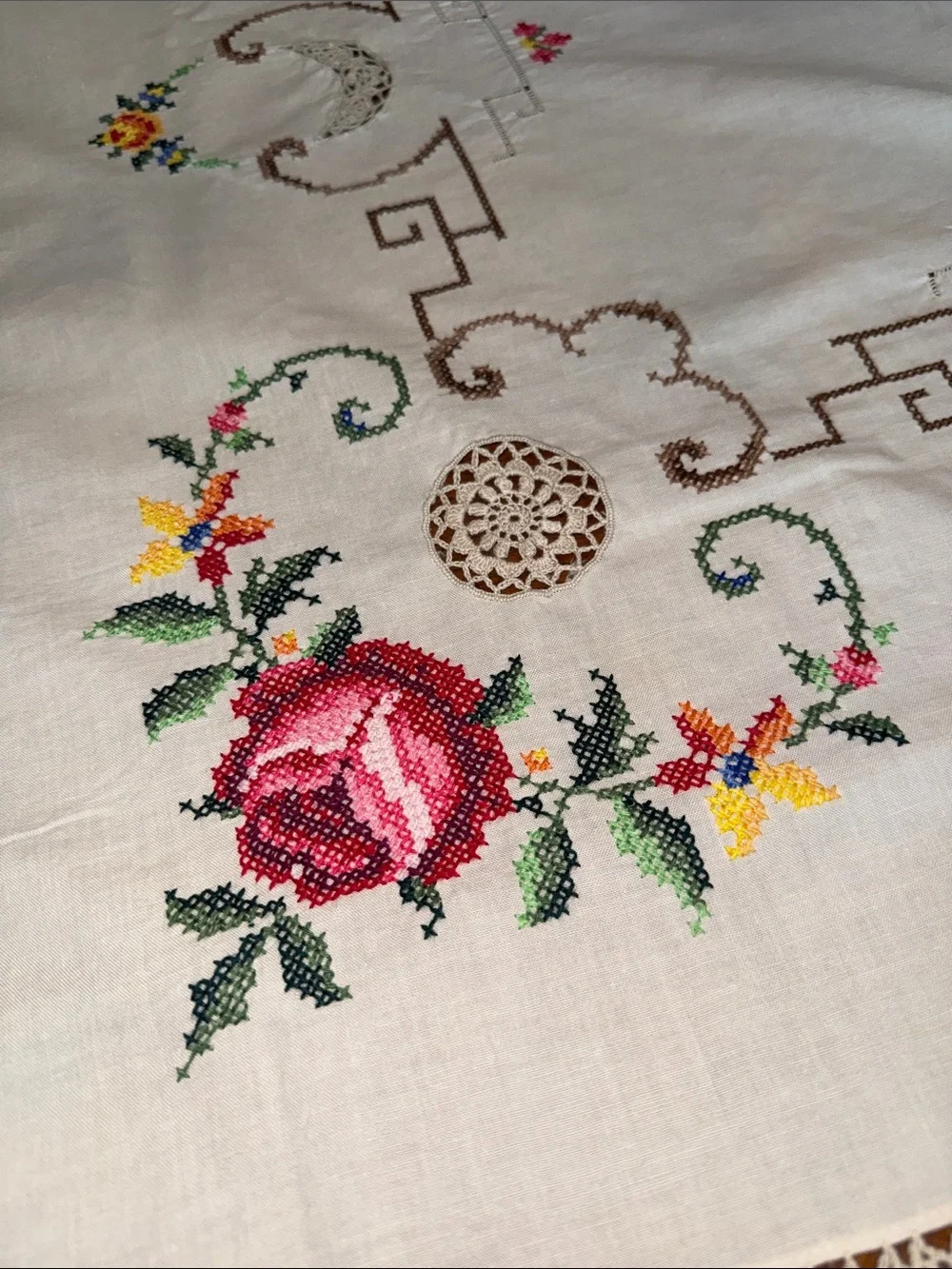 Vintage cotton embroidered tablecloth
